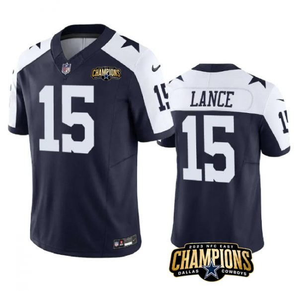 Men Dallas Cowboys #15 Trey Lance Navy/White 2023 F.U.S.E. NFC East Champions Patch Stitched Football Jersey