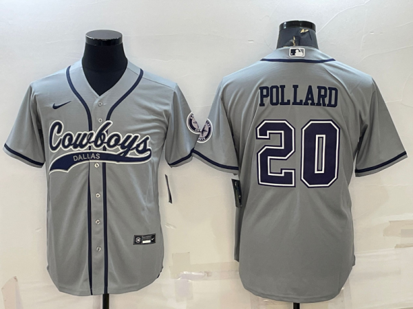 Men Dallas Cowboys #20 Tony Pollard Grey With Patch Cool Base Stitched Baseball Jersey