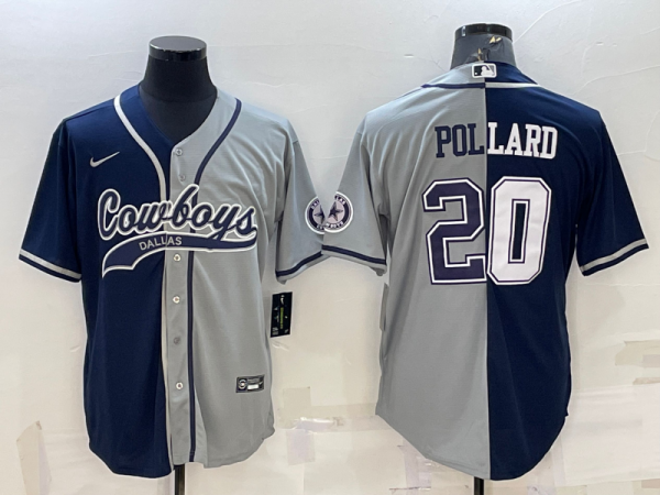 Men Dallas Cowboys #20 Tony Pollard Navy/Grey Split With Patch Cool Base Stitched Baseball Jersey
