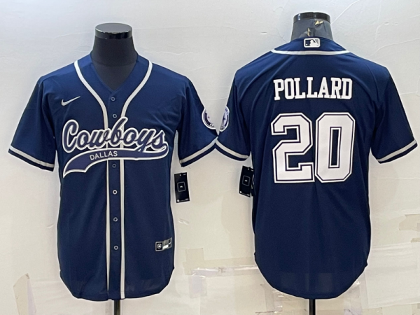 Men Dallas Cowboys #20 Tony Pollard Navy With Patch Cool Base Stitched Baseball Jersey