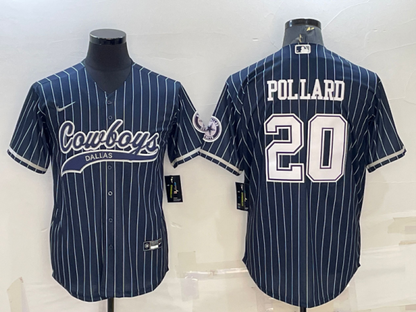 Men Dallas Cowboys #20 Tony Pollard Navy With Patch Cool Base Stitched Baseball Jersey