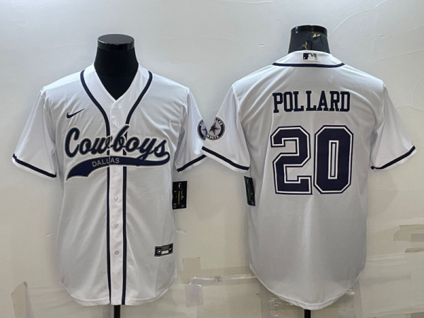 Men Dallas Cowboys #20 Tony Pollard White With Patch Cool Base Stitched Baseball Jersey