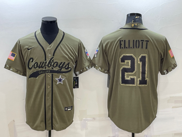 Men Dallas Cowboys #21 Ezekiel Elliott 2022 Olive Salute to Service Cool Base Stitched Baseball Jersey