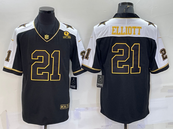 Men Dallas Cowboys #21 Ezekiel Elliott Black Gold Thanksgiving With Patch Stitched Jersey