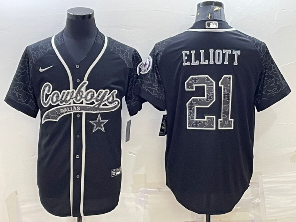 Men Dallas Cowboys #21 Ezekiel Elliott Black Reflective With Patch Cool Base Stitched Baseball Jersey