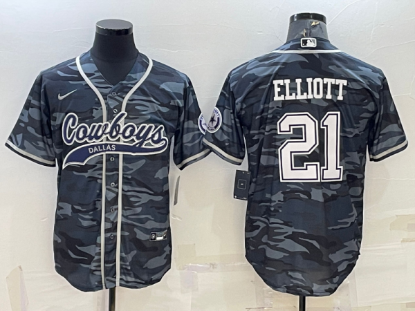 Men Dallas Cowboys #21 Ezekiel Elliott Grey Camo With Patch Cool Base Stitched Baseball Jersey