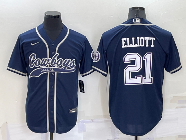 Men Dallas Cowboys #21 Ezekiel Elliott Navy Cool Base Stitched Baseball Jersey
