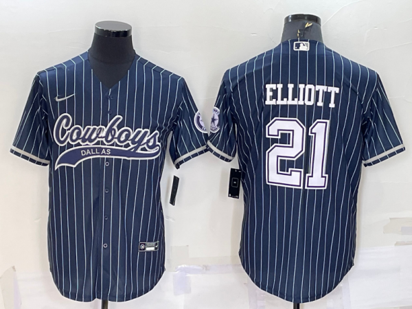 Men Dallas Cowboys #21 Ezekiel Elliott Navy With Patch Cool Base Stitched Baseball Jersey
