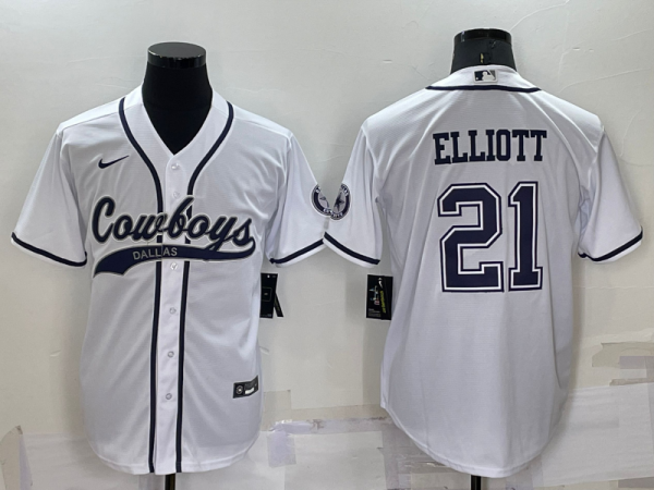 Men Dallas Cowboys #21 Ezekiel Elliott White Cool Base Stitched Baseball Jersey