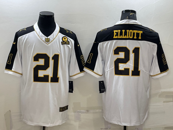 Men Dallas Cowboys #21 Ezekiel Elliott White Gold Edition With 1960 Patch Limited Stitched Football Jersey