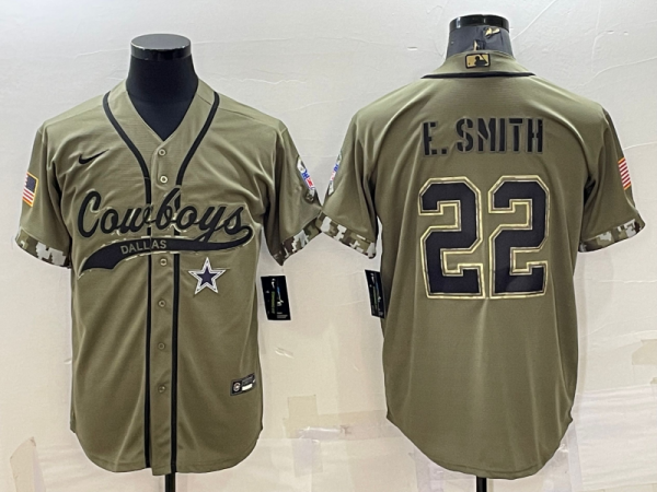 Men Dallas Cowboys #22 Emmitt Smith 2022 Olive Salute to Service Cool Base Stitched Baseball Jersey