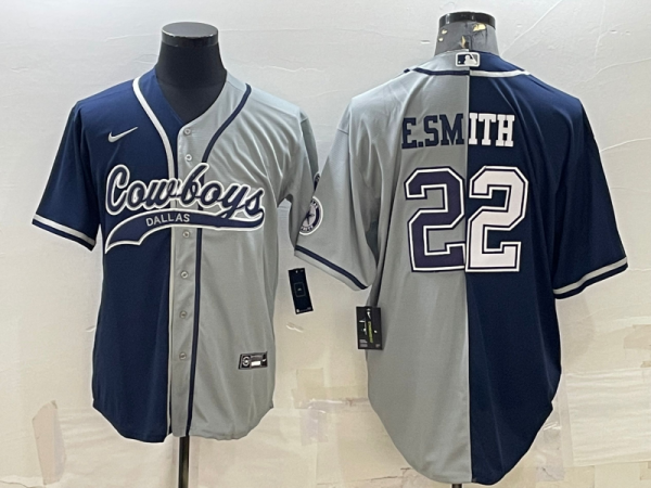 Men Dallas Cowboys #22 Emmitt Smith Navy/Grey Split With Patch Cool Base Stitched Baseball Jersey