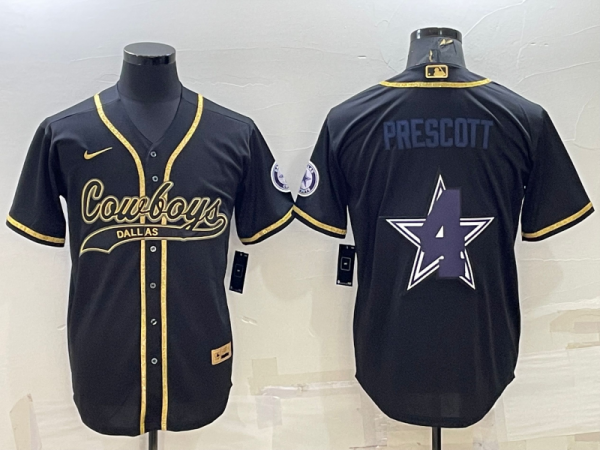 Men Dallas Cowboys #4 Dak Prescott Black Gold Team Big Logo With Patch Cool Base Stitched Baseball Jersey
