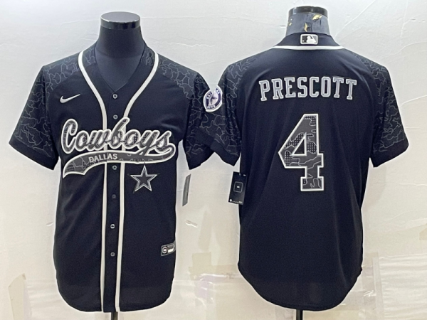Men Dallas Cowboys #4 Dak Prescott Black Reflective With Patch Cool Base Stitched Baseball Jersey