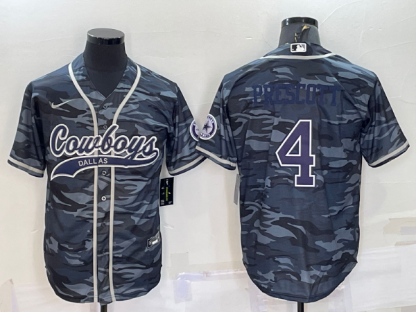 Men Dallas Cowboys #4 Dak Prescott Grey Navy Camo With Patch Cool Base Stitched Baseball Jersey