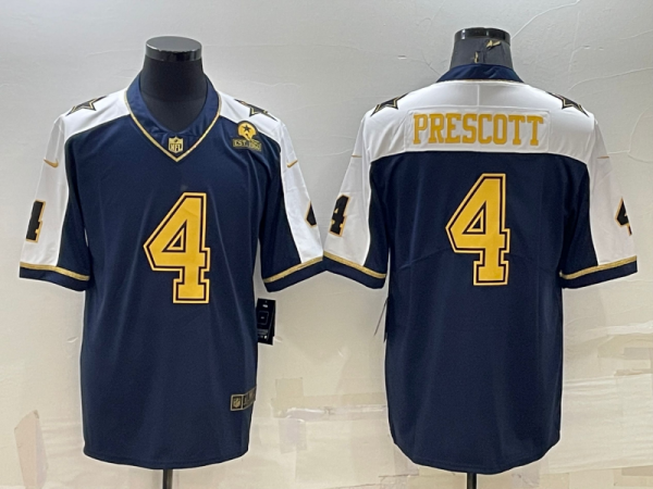 Men Dallas Cowboys #4 Dak Prescott Navy Gold Edition With 1960 Patch Limited Stitched Football Jersey