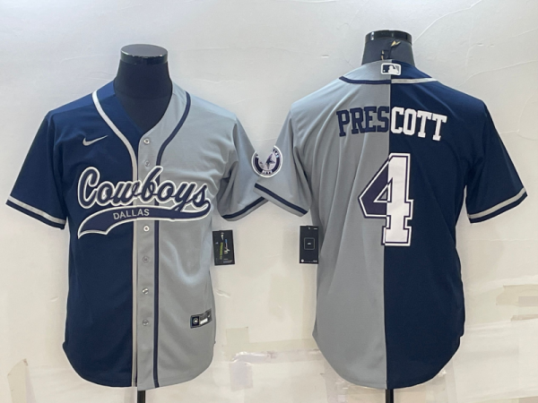Men Dallas Cowboys #4 Dak Prescott Navy/Grey Split With Patch Cool Base Stitched Baseball Jersey