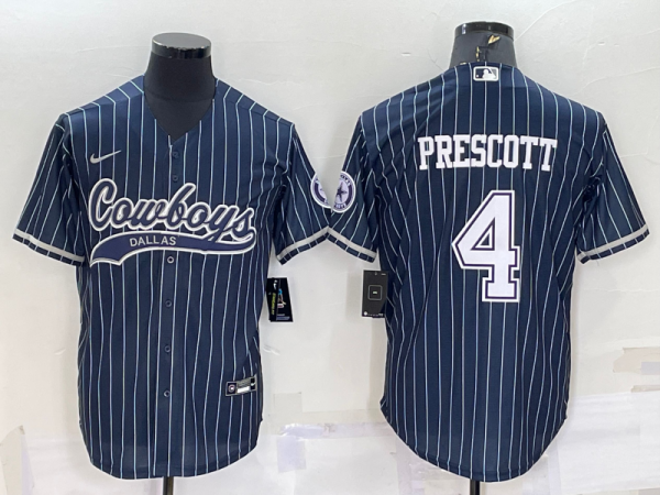 Men Dallas Cowboys #4 Dak Prescott Navy With Patch Cool Base Stitched Baseball Jersey
