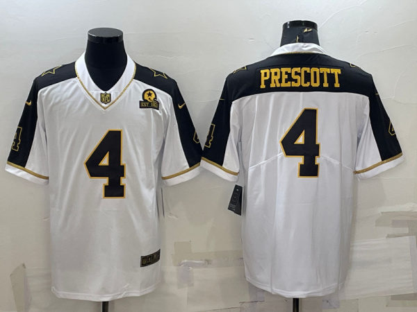 Men Dallas Cowboys #4 Dak Prescott White Gold With 1960 Patch Thanksgiving Vapor Untouchable Limited Stitched Football Jersey