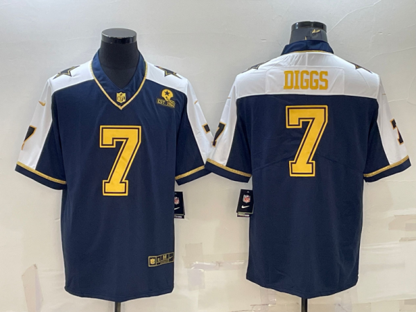 Men Dallas Cowboys #7 Trevon Diggs Navy Gold Edition With 1960 Patch Limited Stitched Football Jersey