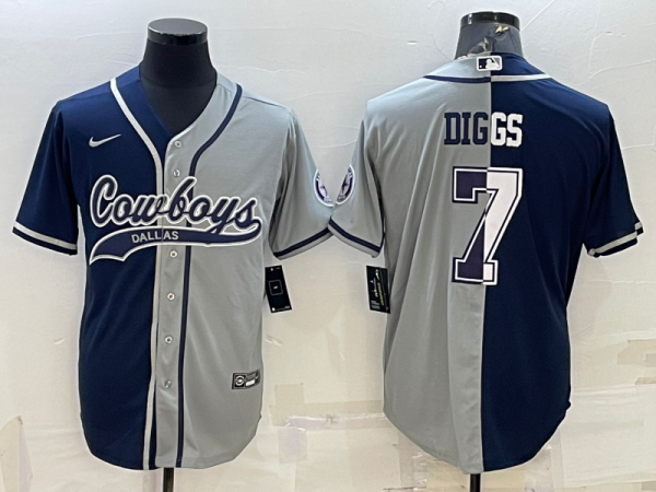 Men Dallas Cowboys #7 Trevon Diggs Navy/Grey Split With Patch Cool Base Stitched Baseball Jersey