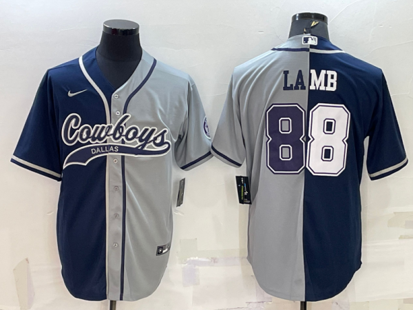 Men Dallas Cowboys #88 CeeDee Lamb Navy/Grey Split With Patch Cool Base Stitched Baseball Jersey