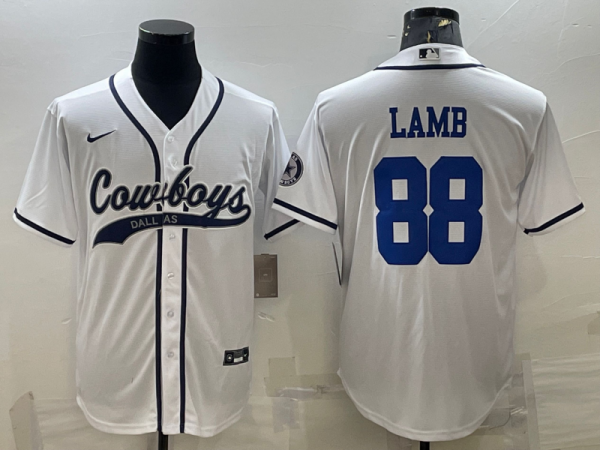 Men Dallas Cowboys #88 CeeDee Lamb White With Patch Cool Base Stitched Baseball Jersey