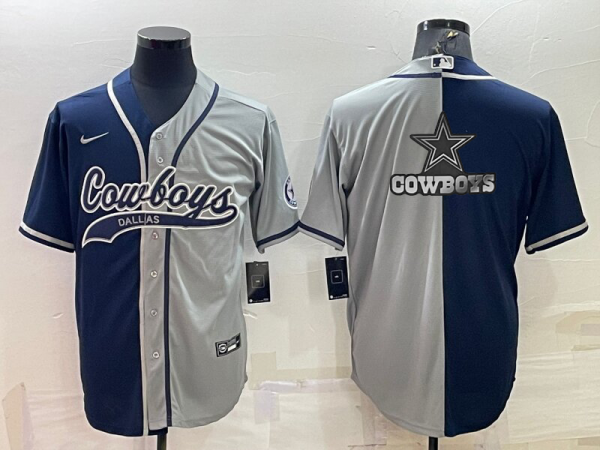 Men Dallas Cowboys Navy/Grey Split Team Big Logo With Patch Cool Base Stitched Baseball Jersey
