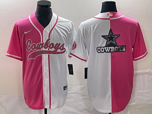 Men Dallas Cowboys Pink/White Split Team Big Logo Cool Base Stitched Baseball Jersey
