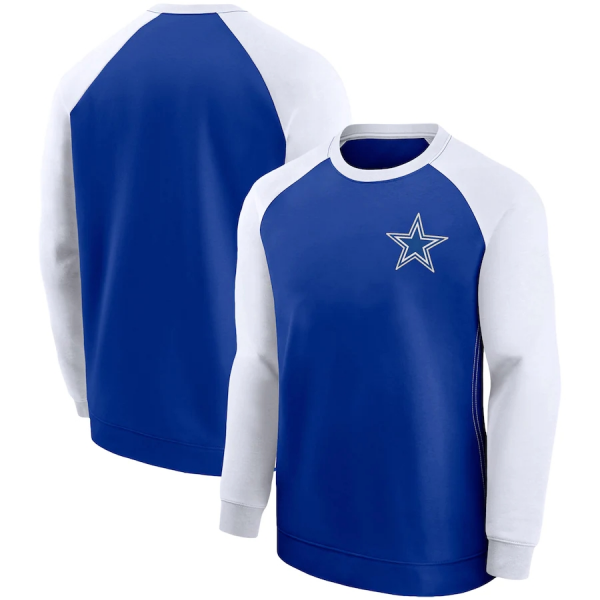 Men Dallas Cowboys Royal/White Historic Raglan Crew Performance Sweater