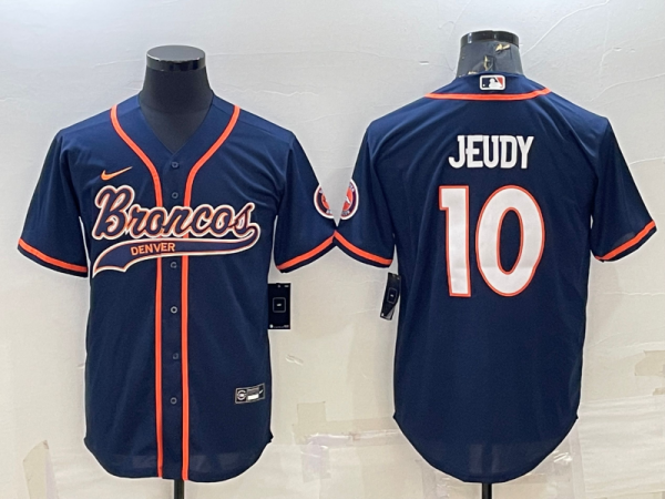 Men Denver Broncos #10 Jerry Jeudy Navy With Patch Cool Base Stitched Baseball Jersey