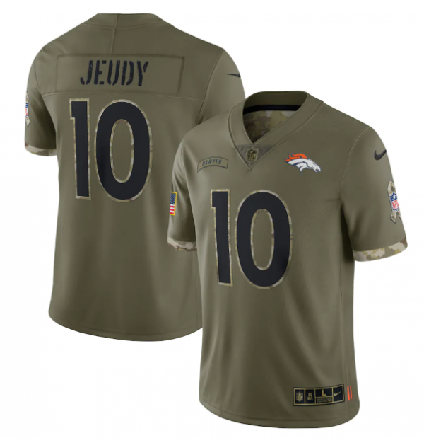 Men Denver Broncos #10 Jerry Jeudy Olive 2022 Salute To Service Limited Stitched Jersey