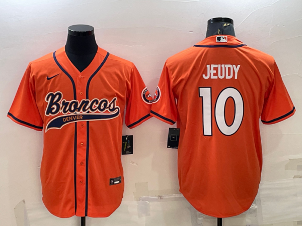Men Denver Broncos #10 Jerry Jeudy Orange With Patch Cool Base Stitched Baseball Jersey