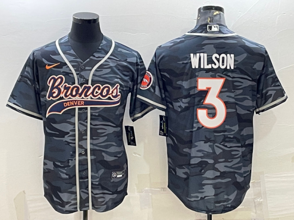 Men Denver Broncos #3 Russell Wilson Grey Camo With Patch Cool Base Stitched Baseball Jersey