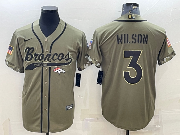 Men Denver Broncos #3 Russell Wilson Olive 2022 Salute to Service Cool Base Stitched Baseball Jersey