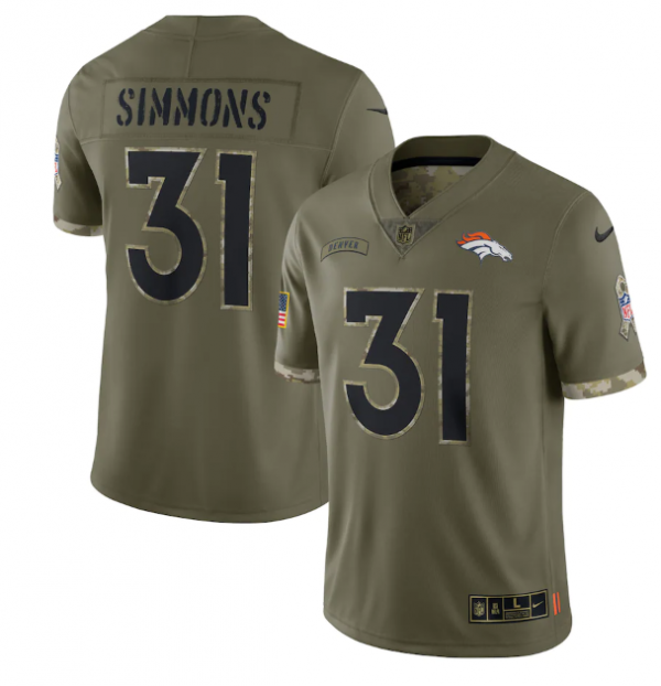 Men Denver Broncos #31 Justin Simmons Olive 2022 Salute To Service Limited Stitched Jersey