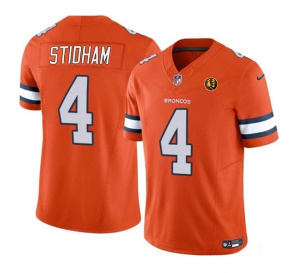 Men Denver Broncos #4 Jarrett Stidham Orange 2023 F.U.S.E. With John Madden Patch Vapor Limited Stitched Football Jersey