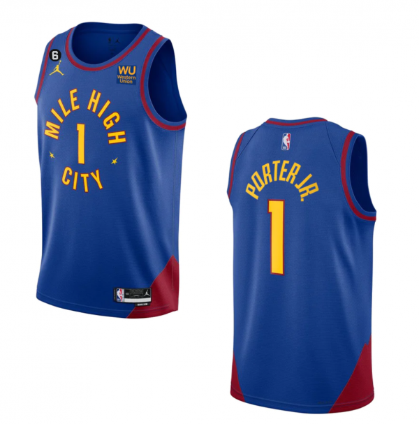 Men Denver Nuggets #1 Michael Porter Jr. Blue 2022/23 Statement Edition With NO.6 PatchStitched Jersey