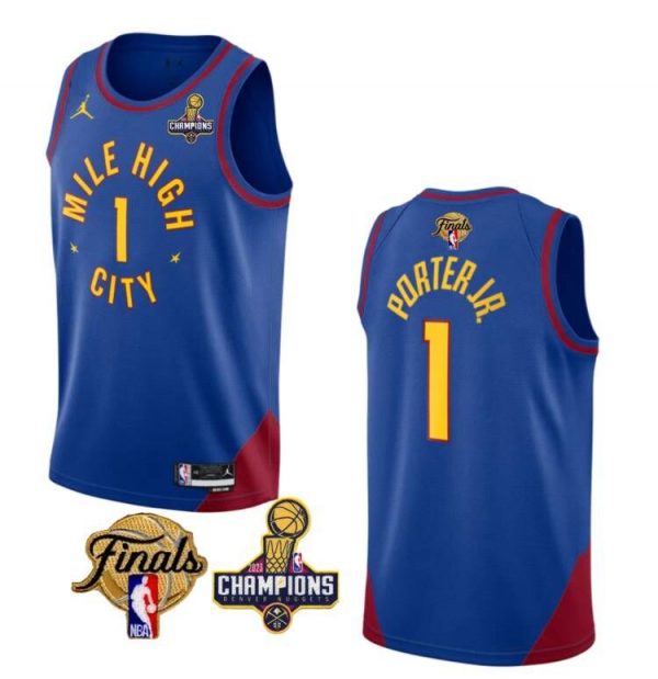 Men Denver Nuggets #1 Michael Porter Jr. Blue 2023 Nuggets Champions Patch And Finals Patch Statemenr Edition Stitched Basketball Jersey