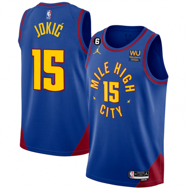 Men Denver Nuggets #15 Nikola Jokic Blue 2022/23 Statement Edition With NO.6 Patch Stitched Jersey