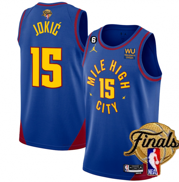 Men Denver Nuggets #15 Nikola Jokic Blue 2023 Finals Statement Edition With NO.6 Patch Stitched Basketball Jersey