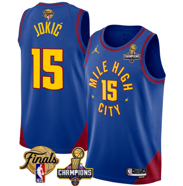 Men Denver Nuggets #15 Nikola Jokic Blue 2023 Nuggets Champions Patch And Finals Patch Statemenr Edition Stitched Basketball Jersey