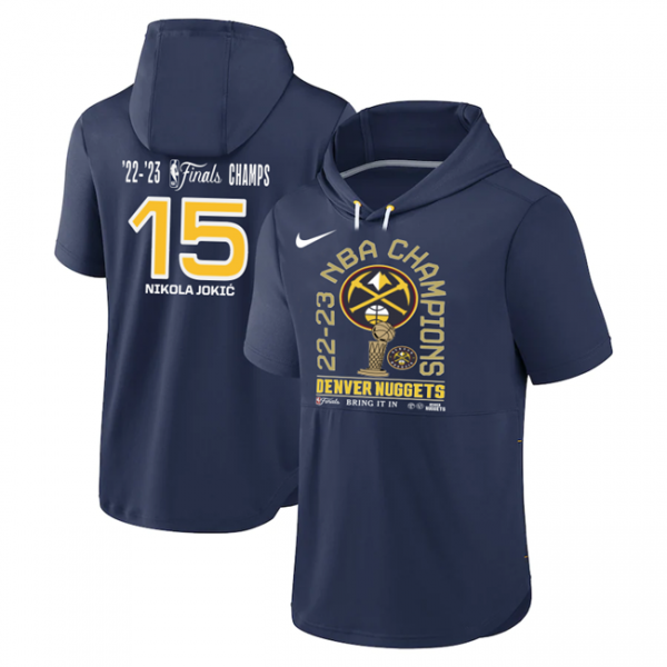 Men Denver Nuggets #15 Nikola Jokic Navy 2022-23 Champions Performance Short Sleeve Pullover Hoodie