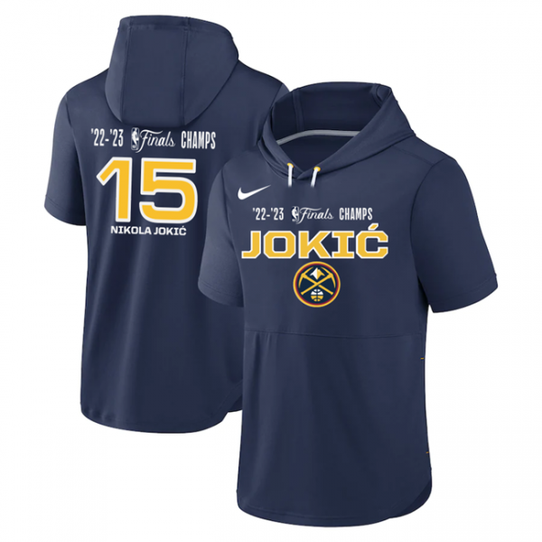 Men Denver Nuggets #15 Nikola Jokic Navy Performance Short Sleeve Pullover Hoodie