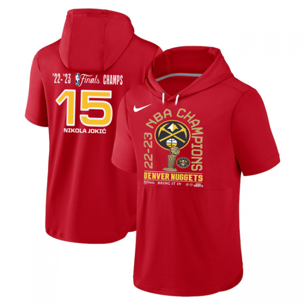 Men Denver Nuggets #15 Nikola Jokic Red 2022-23 Champions Performance Short Sleeve Pullover Hoodie