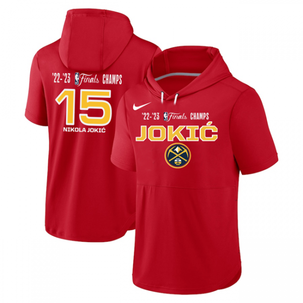 Men Denver Nuggets #15 Nikola Jokic Red Performance Short Sleeve Pullover Hoodie