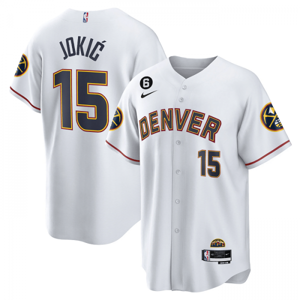 Men Denver Nuggets #15 Nikola Jokic White With No.6 Patch Cool Base Stitched Baseball Jersey