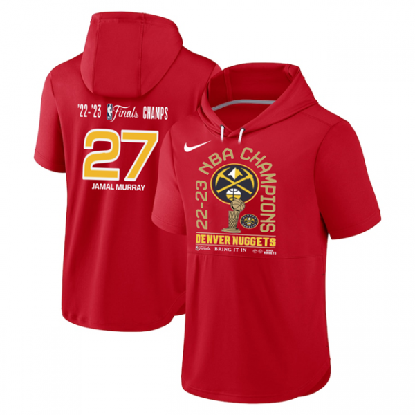 Men Denver Nuggets #27 Jamal Murray Red Performance Short Sleeve Pullover Hoodie