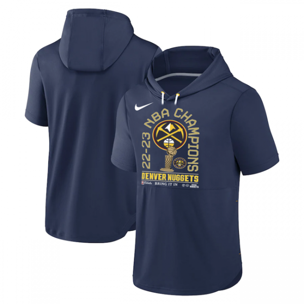 Men Denver Nuggets Navy 2022-23 Champions Performance Short Sleeve Pullover Hoodie