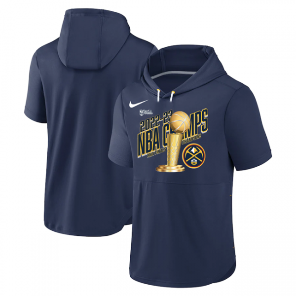Men Denver Nuggets Navy 2023 Champions Performance Short Sleeve Pullover Hoodie